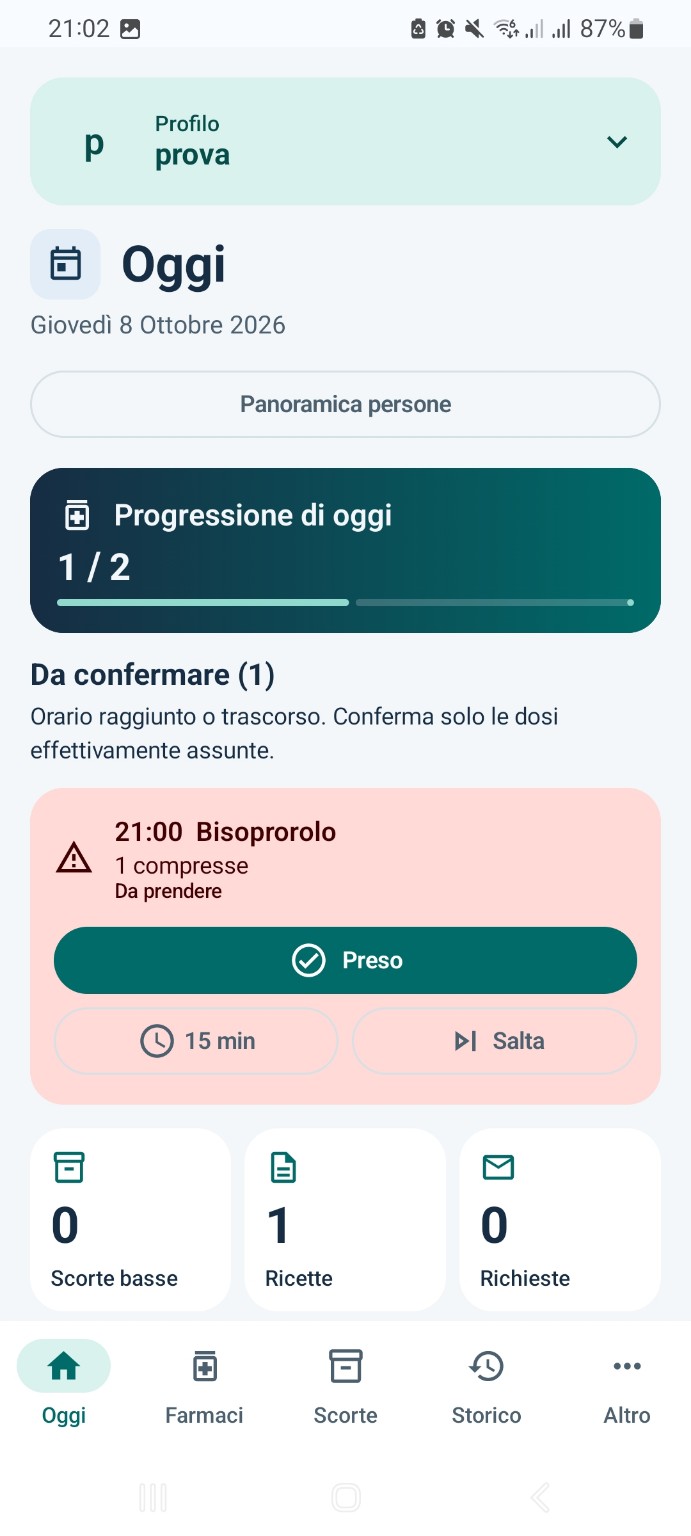 Schermata reale di MediGest con un profilo di prova